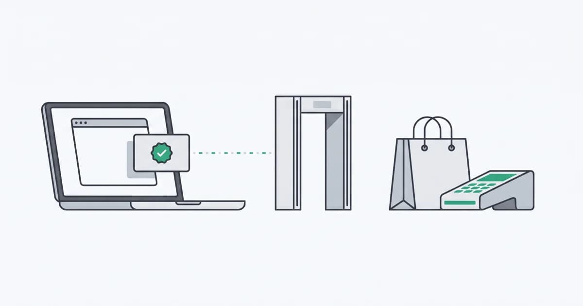 Device evidence passes through a server checkpoint before reaching a separate checkout and payment provider