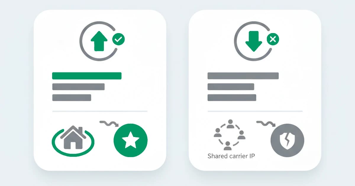 IP reputation: a clean reputation score on an IP that is actually a residential proxy, and a poor score on a shared carrier IP, showing why the score alone is not the verdict