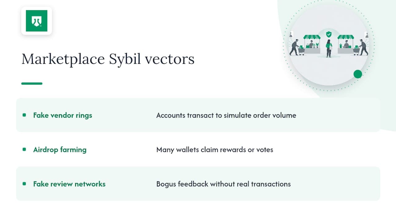 What a Sybil attack is and why marketplaces are vulnerable — overview diagram