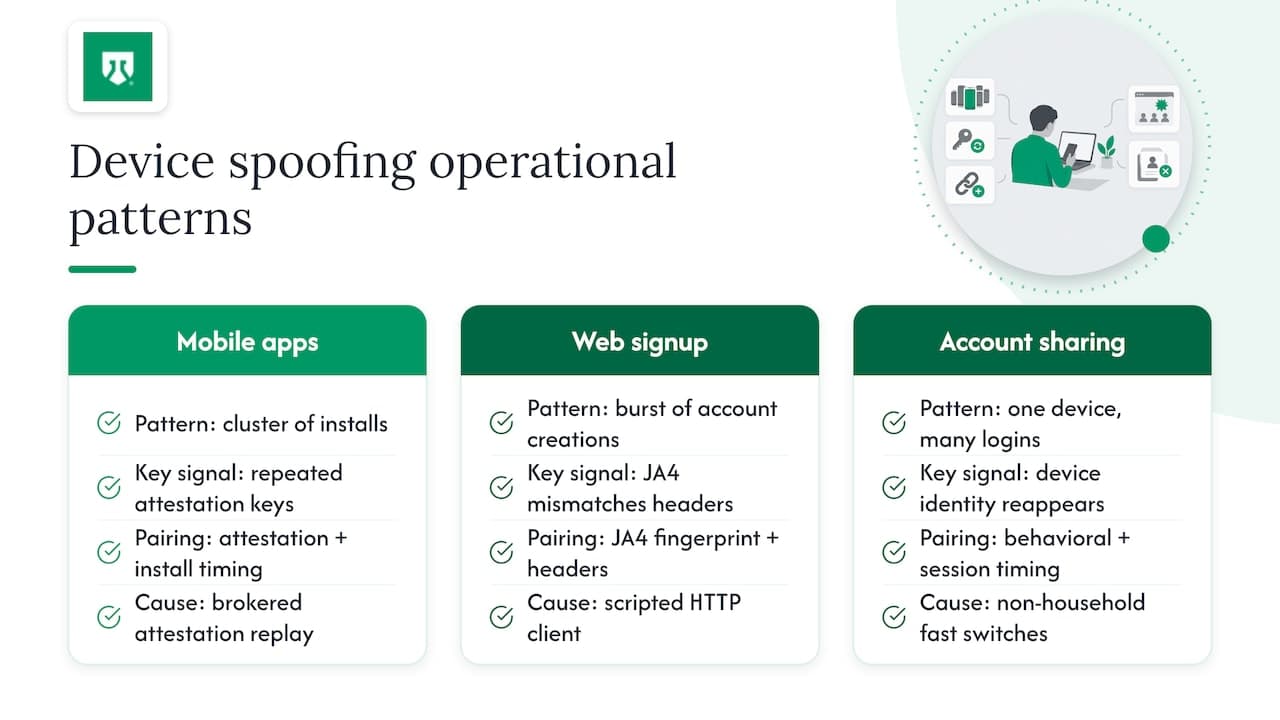 Real-world patterns behind device spoofing detection — overview diagram