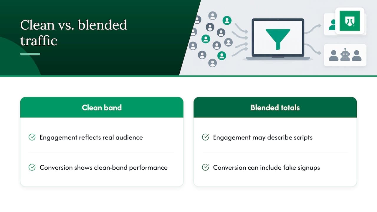 Risk bands separating clean from blended metrics