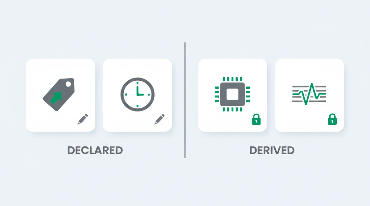 A diagram contrasting declared attributes like the user agent, which are easy to change, with derived attributes like canvas, GPU, and audio, which reflect the real hardware and are stable